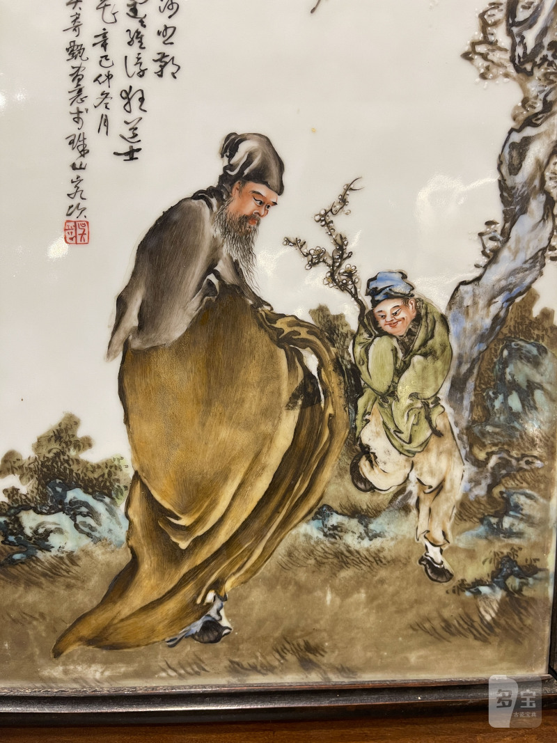 民国 粉彩高士图瓷板一对 - 图5
